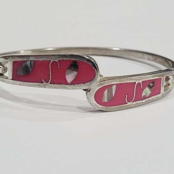 TAXCO MEXICO STERLING SILVER ABALONE SHELL INLAY BANGLE BRACELET - Picture 2 of 9